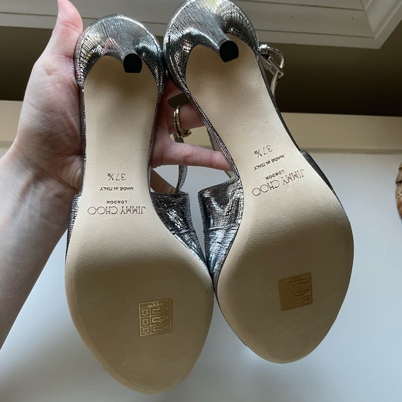 Jimmy Choo Emily 85 Metallic Silver Lizard Print Heels |  37.5 | Like New w/ Box - Picture 6 of 10